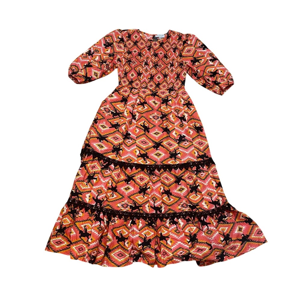 Never Fully Dressed US 8 Red‎ Rodeo Midi Dress Smocked Western Aztec Cowgirl NWT